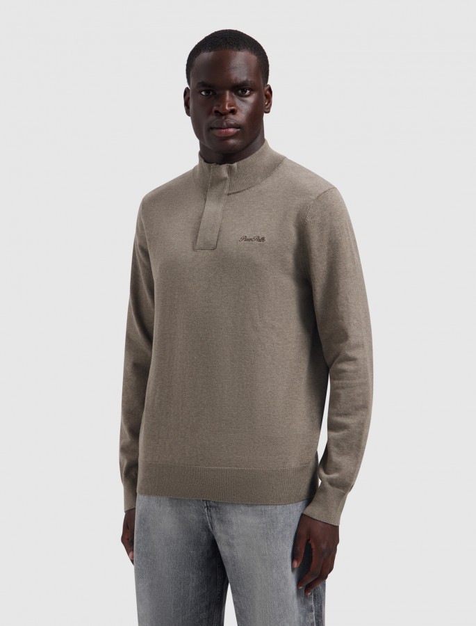 Afbeelding van 26030807 75 Heren Trui - Taupe Melange - Half Zip - PURE PATH